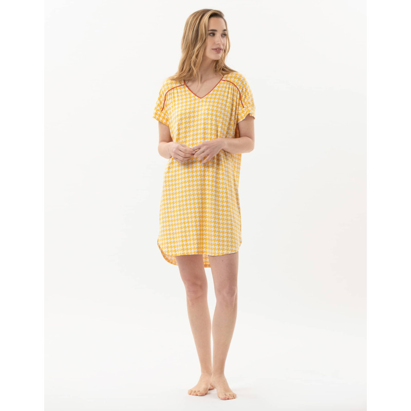 Chemise de nuit imprimée pied de poule en viscose élasthanne ROSIE 701 soleil  | Lingerie le Chat