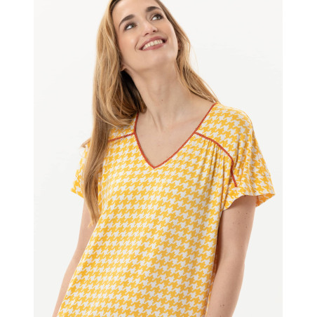 Chemise de nuit imprimée pied de poule en viscose élasthanne ROSIE 701 soleil  | Lingerie le Chat