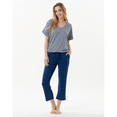 Houndstooth print 7/8° pyjamas in viscose elastane ROSIE 702 indigo | Lingerie le Chat