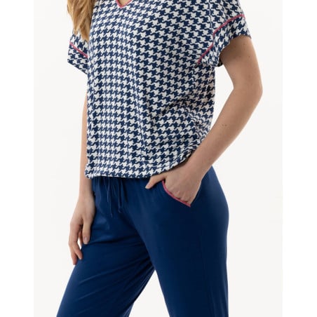 Houndstooth print 7/8° pyjamas in viscose elastane ROSIE 702 indigo | Lingerie le Chat