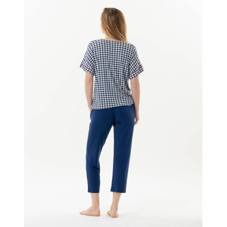 Houndstooth print 7/8° pyjamas in viscose elastane ROSIE 702 indigo | Lingerie le Chat