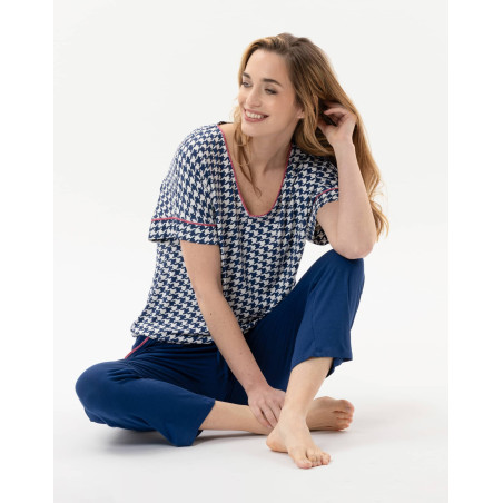 Houndstooth print 7/8° pyjamas in viscose elastane ROSIE 702 indigo | Lingerie le Chat