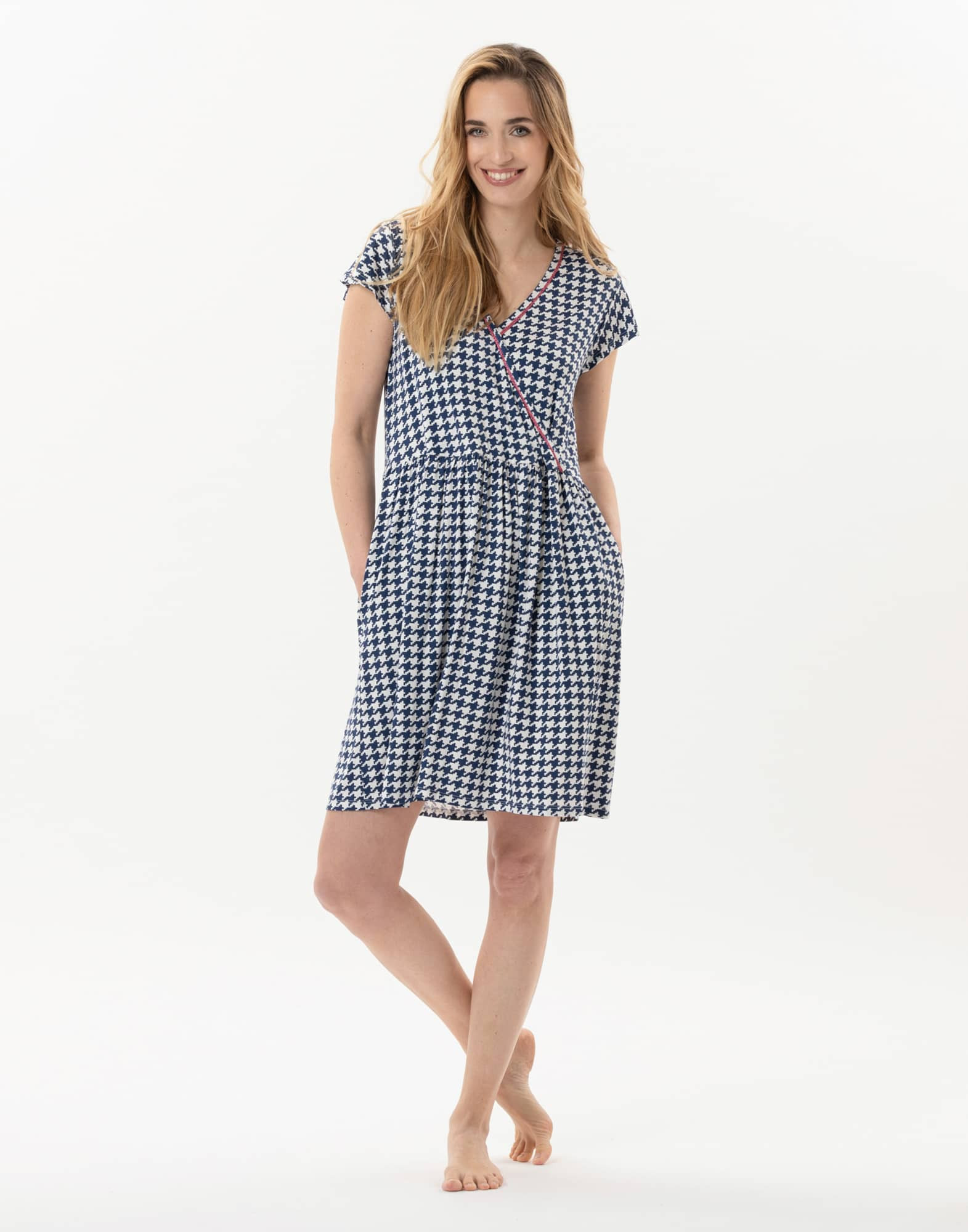 Robe imprimée pied de poule en viscose élasthanne ROSIE 740 indigo  | Lingerie le Chat