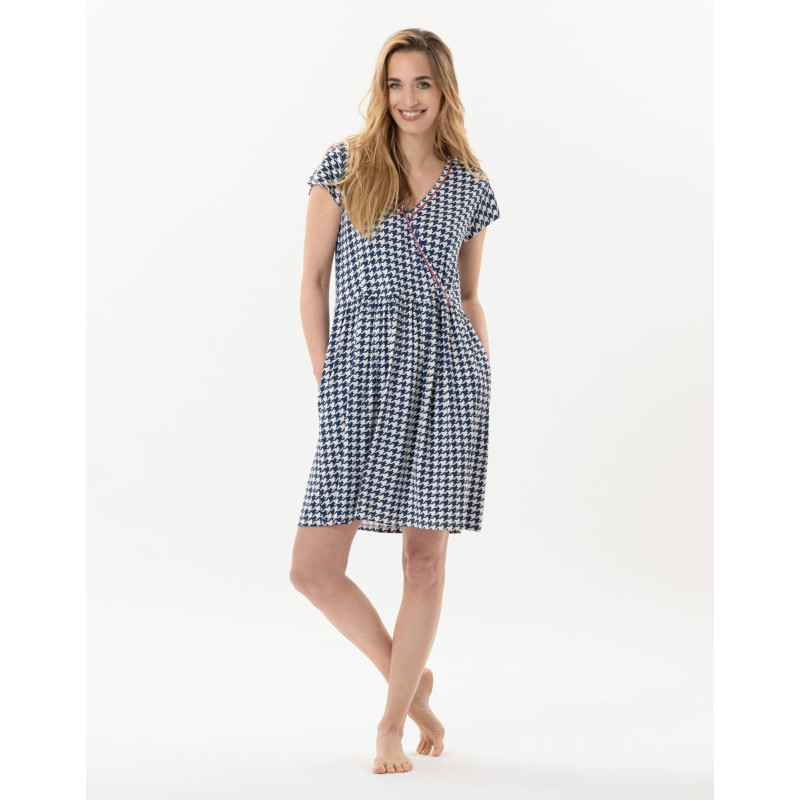 Robe imprimée pied de poule en viscose élasthanne ROSIE 740 indigo  | Lingerie le Chat