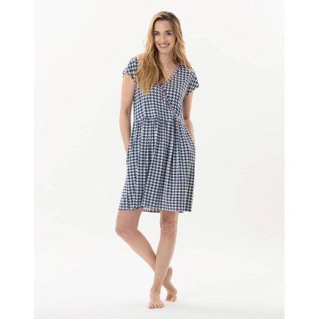 Robe imprimée pied de poule en viscose élasthanne ROSIE 740 indigo  | Lingerie le Chat