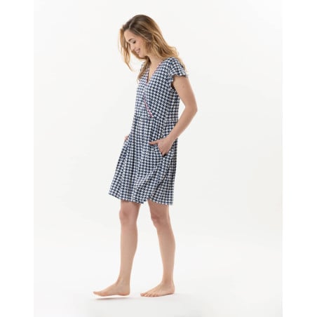 Robe imprimée pied de poule en viscose élasthanne ROSIE 740 indigo  | Lingerie le Chat