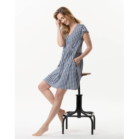 Robe imprimée pied de poule en viscose élasthanne ROSIE 740 indigo  | Lingerie le Chat