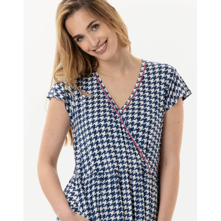 Robe imprimée pied de poule en viscose élasthanne ROSIE 740 indigo  | Lingerie le Chat