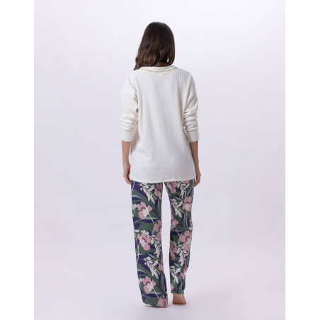 Pyjama en maille tricot et viscose GIOIA 802 Ecru / Multico | Lingerie le Chat