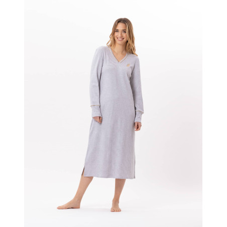 Long cotton nightdress GARANCE 811 Grey / White | Lingerie le Chat