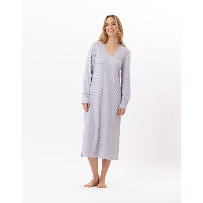 Long cotton nightdress GARANCE 811 Grey / White | Lingerie le Chat