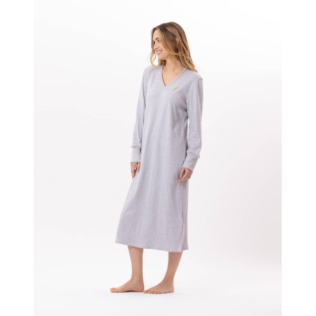 Long cotton nightdress GARANCE 811 Grey / White | Lingerie le Chat