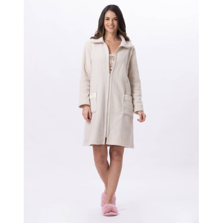 Fleece dressing gown with zip ESSENTIEL H54A Beige | Lingerie le Chat