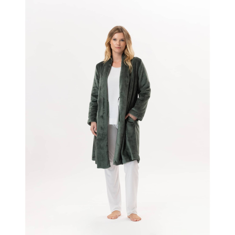 Plush flannel dressing gown ESSENTIEL 855 Moss Green | Lingerie le Chat