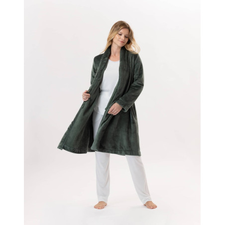 Plush flannel dressing gown ESSENTIEL 855 Moss Green | Lingerie le Chat