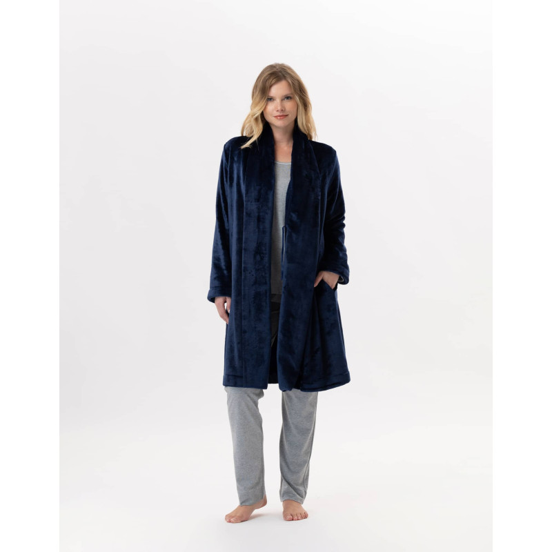 Plush flannel dressing gown ESSENTIEL 855 Navy Blue | Lingerie le Chat