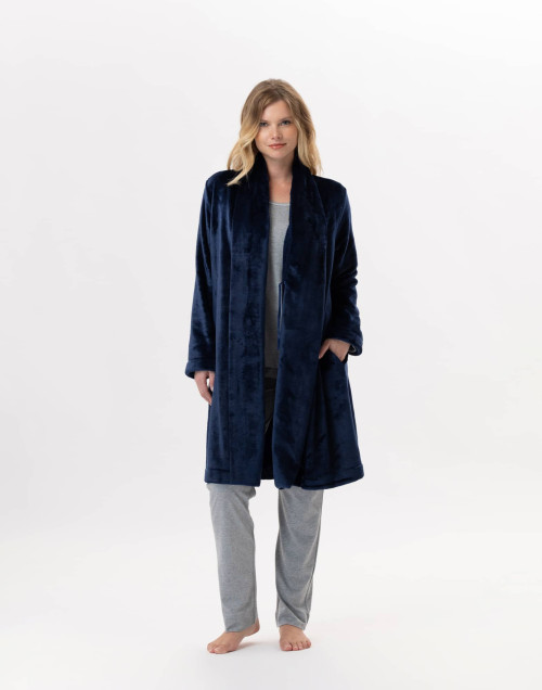 Plush flannel dressing gown ESSENTIEL 855 Navy Blue | Lingerie le Chat