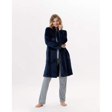 Plush flannel dressing gown ESSENTIEL 855 Navy Blue | Lingerie le Chat