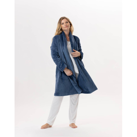 Plush flannel dressing gown ESSENTIEL 855 Prussian Blue | Lingerie le Chat