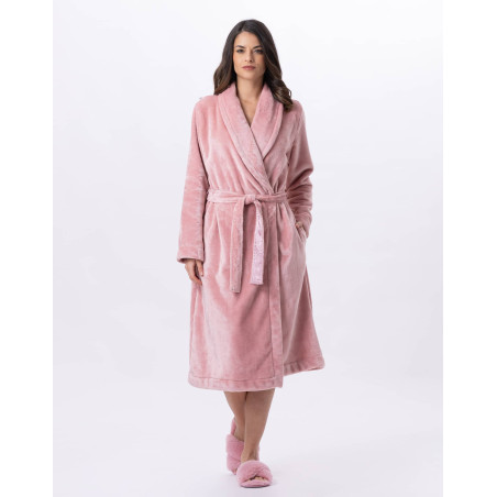 Plush flannel twill bathrobe ESSENTIEL H61B in blush | Lingerie le Chat