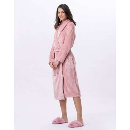 Plush flannel twill bathrobe ESSENTIEL H61B in blush | Lingerie le Chat