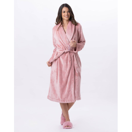 Plush flannel twill bathrobe ESSENTIEL H61B in blush | Lingerie le Chat