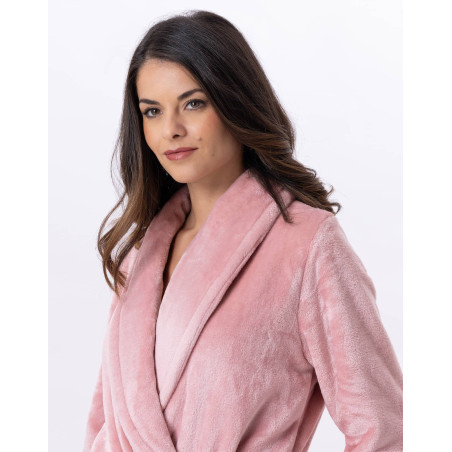 Plush flannel twill bathrobe ESSENTIEL H61B in blush | Lingerie le Chat