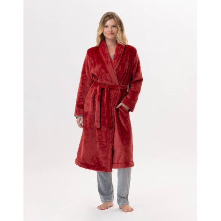 Plush flannel twill bathrobe ESSENTIEL H61B in tomette | Lingerie le Chat