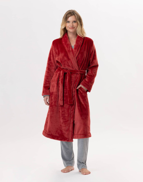 Plush flannel twill bathrobe ESSENTIEL H61B in tomette | Lingerie le Chat