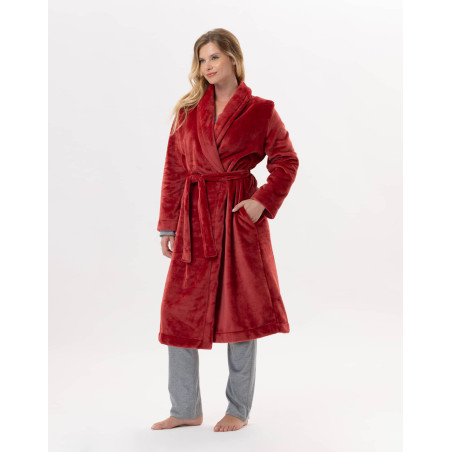 Plush flannel twill bathrobe ESSENTIEL H61B in tomette | Lingerie le Chat