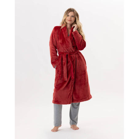 Plush flannel twill bathrobe ESSENTIEL H61B in tomette | Lingerie le Chat