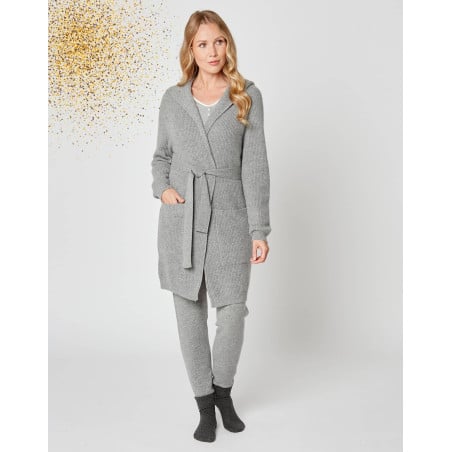 Cashmere bathrobe with shawl collar and soft hood in grey fleck - Lingerie le Chat