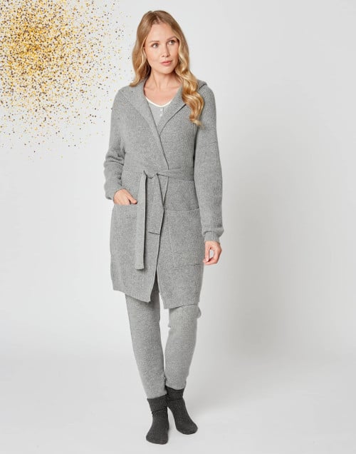 Cashmere bathrobe with shawl collar and soft hood in grey fleck - Lingerie le Chat