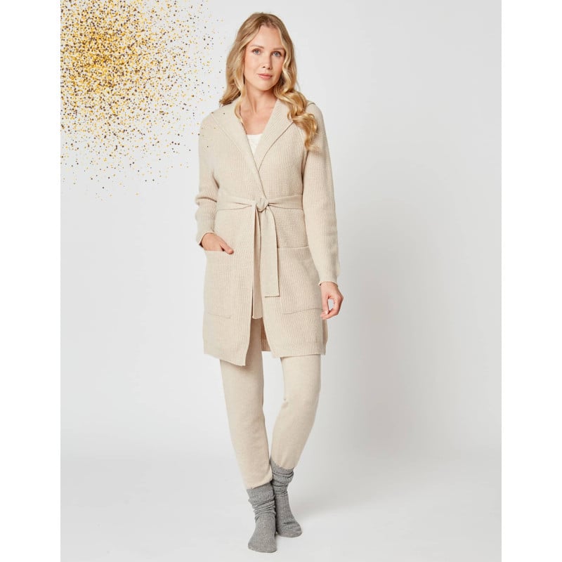 Cashmere bathrobe with shawl collar and soft hood in camel - Lingerie le Chat