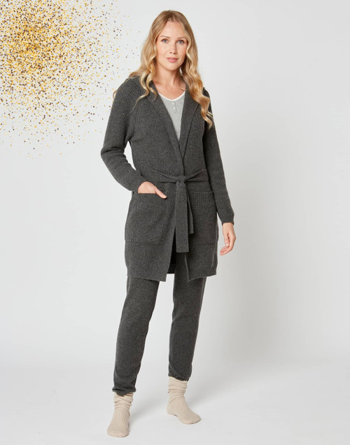 Cashmere bathrobe with shawl collar and soft hood in slate grey - Lingerie le Chat