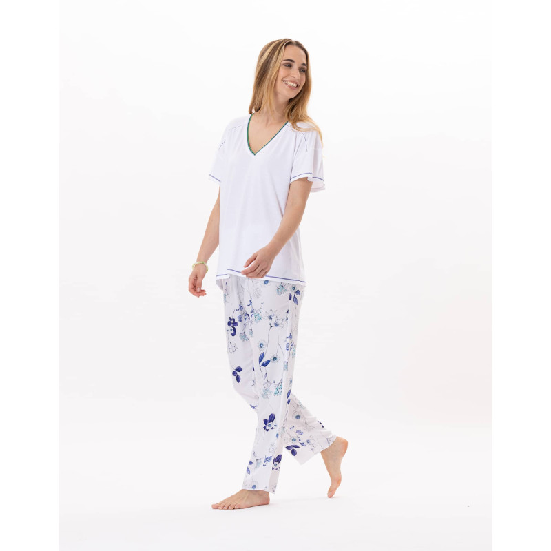 Pyjama en coton et viscose VALENSOLE 902 Blanc/Multico | Lingerie le Chat