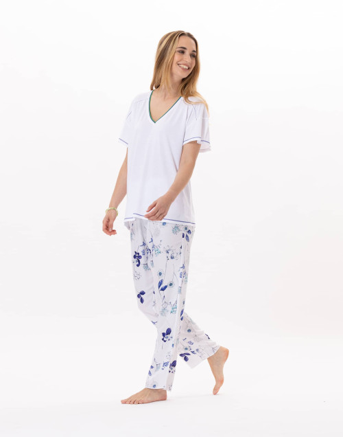 Pyjama en coton et viscose VALENSOLE 902 Blanc/Multico | Lingerie le Chat