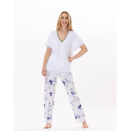 Pyjama en coton et viscose VALENSOLE 902 Blanc/Multico | Lingerie le Chat