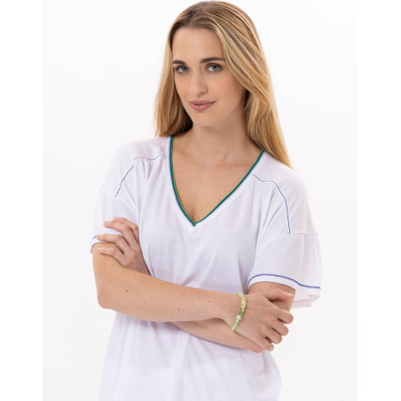 Pyjama en coton et viscose VALENSOLE 902 Blanc/Multico | Lingerie le Chat