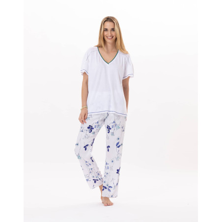 Pyjama en coton et viscose VALENSOLE 902 Blanc/Multico | Lingerie le Chat